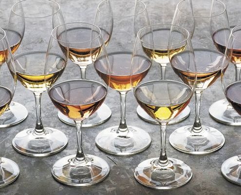 A row of glasses filled with amber-hued orange wines
